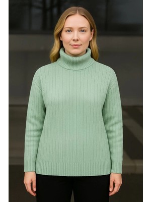 Marsilyan Balıkcı Yaka Bağazlı Triko Kazak Pamuklu Kalın Fitilli Dokuma - Mint Yeşili