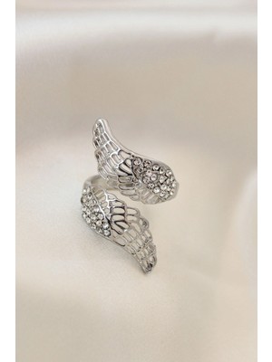 İsmiyle Al Ayarlamalı Silver Renk Metal Zirkon Taşlı Kanat Yüzük