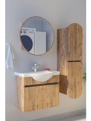 Makbulce Erciyes Havlu Dolaplı 65CM Seramik Lavabolu Mdf Oval Aynalı Banyo Dolabı