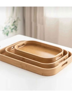 YDGR 3lü Lüx Bambu Tepsi Seti Çay Tepsisi, Sunum Tepsisi, Kahve Sunum Tepsisi Oval Köşe Yemek Tepsi