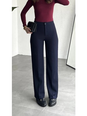 Asfa Moda Kadın Lacivert Yüksek Bel Kumaş Pantolon Wide Leg Bol Paça Ofis Şık Klasik Palazzo Pantolon