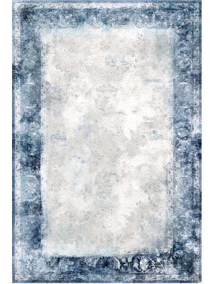 Kilim Home Mars 2068 Mavi Çerçeve Desenli Yıkanabilir Kaymaz Salon Halısı, Koridor ve Mutfak Halısı