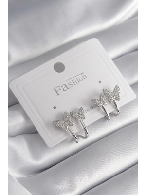 İsmiyle Al Pirinç Gümüş Renk Zirkon Taşlı Kelebek Model Kadın Küpe