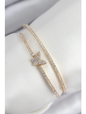 İsmiyle Al Pirinç Zirkon Taşlı Kelebek Model Gold Renk Kadın Bileklik