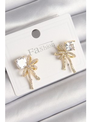 İsmiyle Al Pirinç Gold Renk Zirkon Taşlı Kurdele Model Kadın Küpe