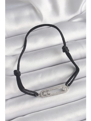 İsmiyle Al Siyah Renk Ipli Asansör Zirkon Taşlı Gümüş Messika Model Kadın Bileklik