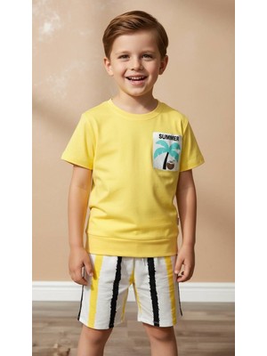 Monila Erkek Çocuk Sarı Palmiye Baskılı Çizgili Şortlu Altüst Takım