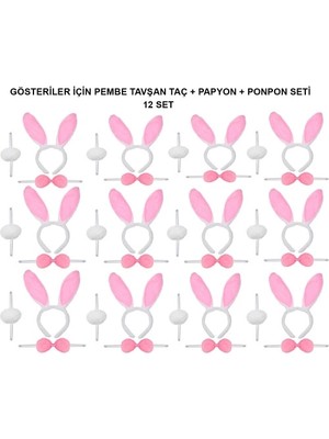 İsmiyle Al Pembe Tavşan Kostüm Seti – Taç, Papyon, Ponpon (12’li Paket)