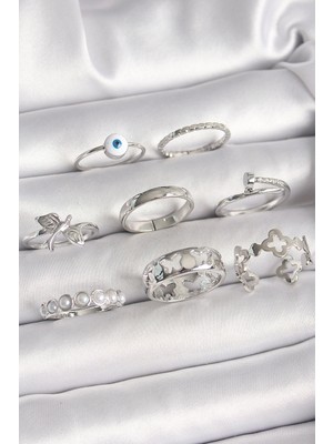 İsmiyle Al Pirinç Gümüş Renk Nazar Boncuk Detay Incili Kelebek Işlemeli Kadın Yüzük Kombini