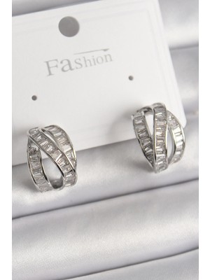 İsmiyle Al Pirinç Gümüş Renk Zirkon Taşlı Düğüm Halka Model Kadın Küpe