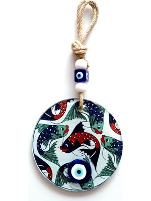 İsmiyle Al Balık Desenli Nazar Boncuklu Füzyon Cam Duvar Dekoru