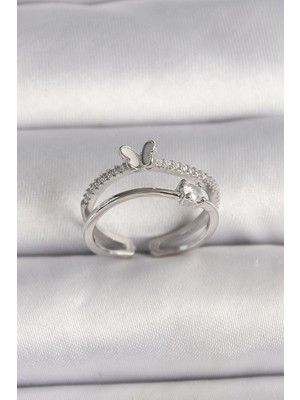 İsmiyle Al Pirinç Gümüş Renk Zirkon Taşlı Kelebek Figürlü Ayarlanabilir Yüzük