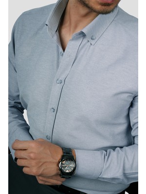 Etikmen Gri Yaka Düğmeli Premium Şamre Slimfit Erkek Gömlek
