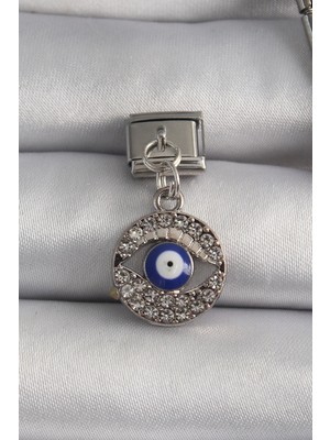 İsmiyle Al 316L Çelik Gümüş Renk Sallantı Zirkon Taşlı Göz Model Nazar Boncuk Detay Nomination Charm