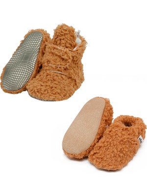 Ella Bonna Kaydırmaz Taban Kalın Teddy Organik Pamuk Iç Astarlı Ev Kreş Bebek Pandufu 2'li Taba Ekonomik Set