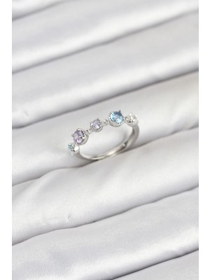 İsmiyle Al Pirinç Gümüş Renk Renkli Zirkon Taşlı Kadın Yüzük