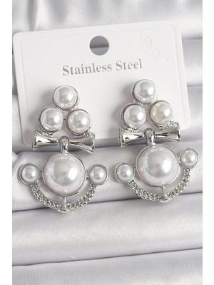 İsmiyle Al Pirinç Gümüş Renk Sallantı Incili Çapa Model Kadın Küpe