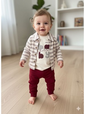 Efemkids 0-12 Ay Erkek Alt-Üst Takım Yenidoğan Bebek Takımı Çizgili Gömlek- Body- Pantolon