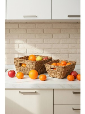 Avantage Home Alessia - 2 Li Naturel Dekoratif Kulplu Hasır Çok Amaçlı Sepet Seti, Havluluk, Banyo Organizer