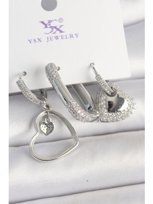 İsmiyle Al Pirinç Gümüş Renk Sallantı Zirkon Taşlı Kalp Model 3'lü Kadın Kombin Küpe