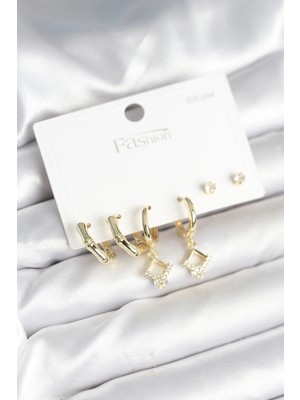 İsmiyle Al Pirinç Gold Renk 925 Ayar Gümüş Çivili Kadın Küpe Seti