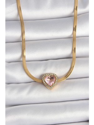 İsmiyle Al 316L Çelik Gold Renk Italyan Zincir Pembe Zirkon Taşlı Kalp Model Kadın Kolye