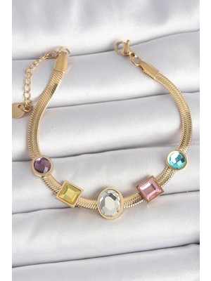 İsmiyle Al 316L Çelik Gold Renk Italyan Zincir Renkli Zirkon Taşlı Kadın Bileklik