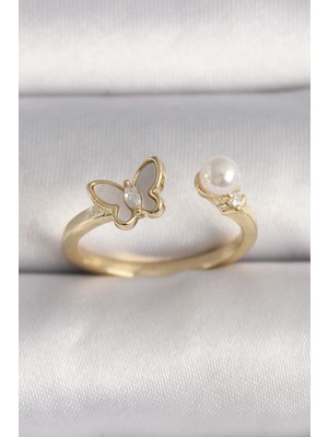 İsmiyle Al Pirinç Gold Renk Zirkon Taş Detaylı Beyaz Mineli Kelebek Model Inci Detay Ayarlanabilir Yüzük