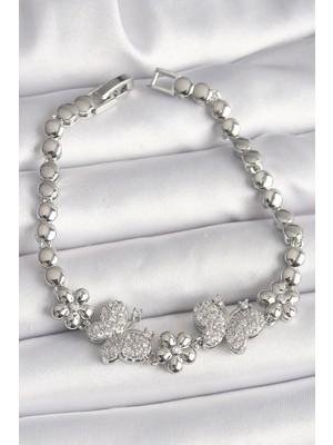 İsmiyle Al Pirinç Gümüş Renk Zirkon Taşlı Kelebek Figür Çiçek Zincir Model Kadın Bileklik