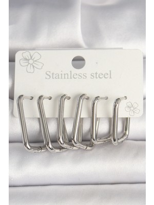 İsmiyle Al 316L Çelik Gümüş Renk Kare Model Kadın Küpe Seti