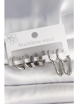 İsmiyle Al 316L Çelik Gümüş Renk Kalp Halka Model Kadın Küpe Seti