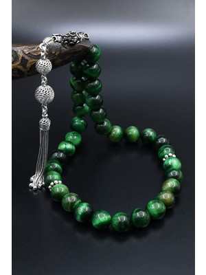 Prestige Gümüş Yeşil Kaplan Gözü Taşlı Tesbih Doğal 925 Ayar Gümüş Püsküllü 10 mm Küre Kesim 902569