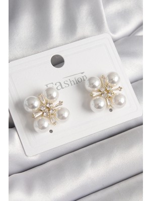 İsmiyle Al Pirinç Gold Renk Zirkon Taşlı Incili Kadın Küpe