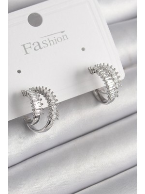 İsmiyle Al Pirinç Gümüş Renk 2'li Zirkon Taşlı Halka Model Kadın Küpe