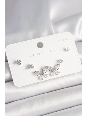 İsmiyle Al 925 Ayar Gümüş Çivi Pirinç Gümüş Renk Zirkon Taşlı Kelebek Model Kadın Küpe Seti