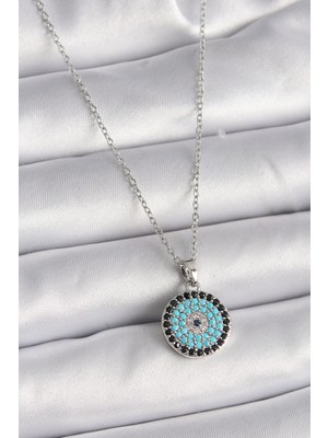 Skygo 316L Çelik Gümüş Renk Zincir Nazar Boncuk Madalyon Model Kadın Kolye - TJ-BKO9485