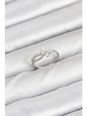 İsmiyle Al Pirinç Gümüş Renk Kelebek Zirkon Taşlı Kadın Yüzük