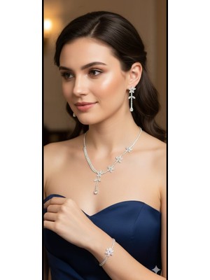 KLC Takı KLC TAKI Kadın Gümüş Renk Kar Tanesi Model Su Yolu Zirkon Taşlı Kolye Küpe Bileklik Seti