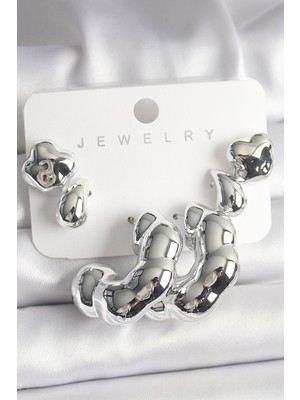 İsmiyle Al Gümüş Renk Yonca Damla Halka Model Ccb Plastik Kadın Küpe Seti