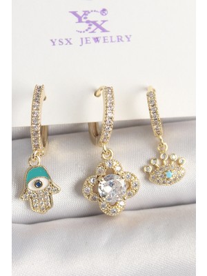 İsmiyle Al Pirinç Gold Renk Zirkon Taşlı Fatma Ana El Yonca Figür Göz Detay 3'lü Kadın Kombin Küpe