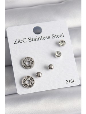 İsmiyle Al 316L Çelik Gümüş Renk Zirkon Taşlı Labirent Model Kadın Küpe Seti