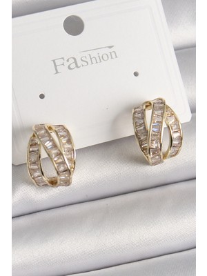 İsmiyle Al Pirinç Gold Renk Zirkon Taşlı Düğüm Halka Model Kadın Küpe