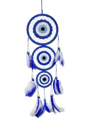 İsmiyle Al Nazar Motifli Üç Çemberli Kuş Tüylü Mavi Duvar Süsü