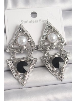 İsmiyle Al Pirinç Gümüş Renk Sallantı Üçgen Model Inci Detay Kadın Küpe