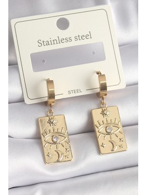 İsmiyle Al 316L Çelik Gold Renk Zirkon Taşlı Göz Işleme Detay Plaka Model Kadın Küpe