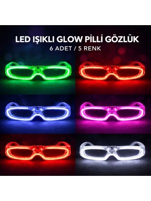İsmiyle Al LED Işıklı Glow Pilli Parti Gözlüğü - Glow Efektli 6 Adet 5 Renk (5047)
