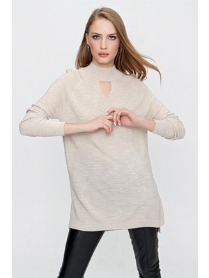 Tena Kadın Taş Melanj Önü Pencereli Triko Kazak