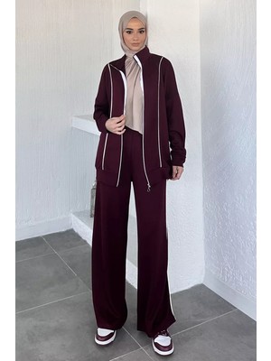 Julude Ön Fermuarlı Şeritli Tunik Bel Lastikli Pantolon Tesettür Ikili Takım P-00018992