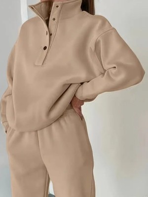 Indispensablely Kadın Uzun Kollu Balıkçı Dik Yakalı Düğmeli Üç Iplik Bluz ve Pantolon Ikili Takım