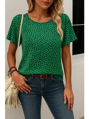 Indispensablely Kadın Kısa Kollu Kolları Volanlı Baskılı Süprem Bluz